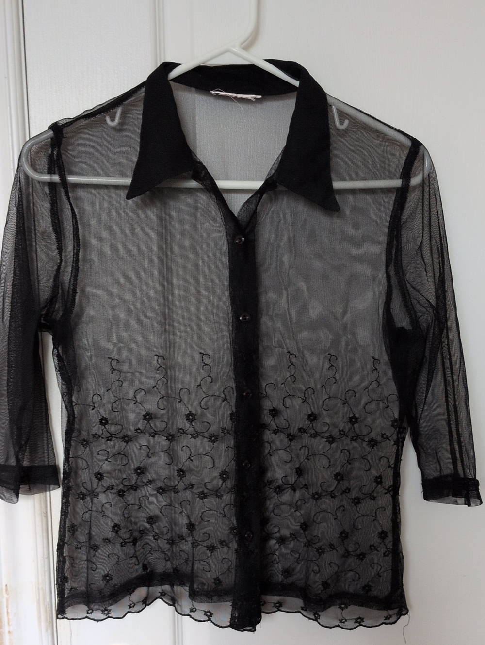 Women’s Black Sheer Embroidered Button-Down Shirt